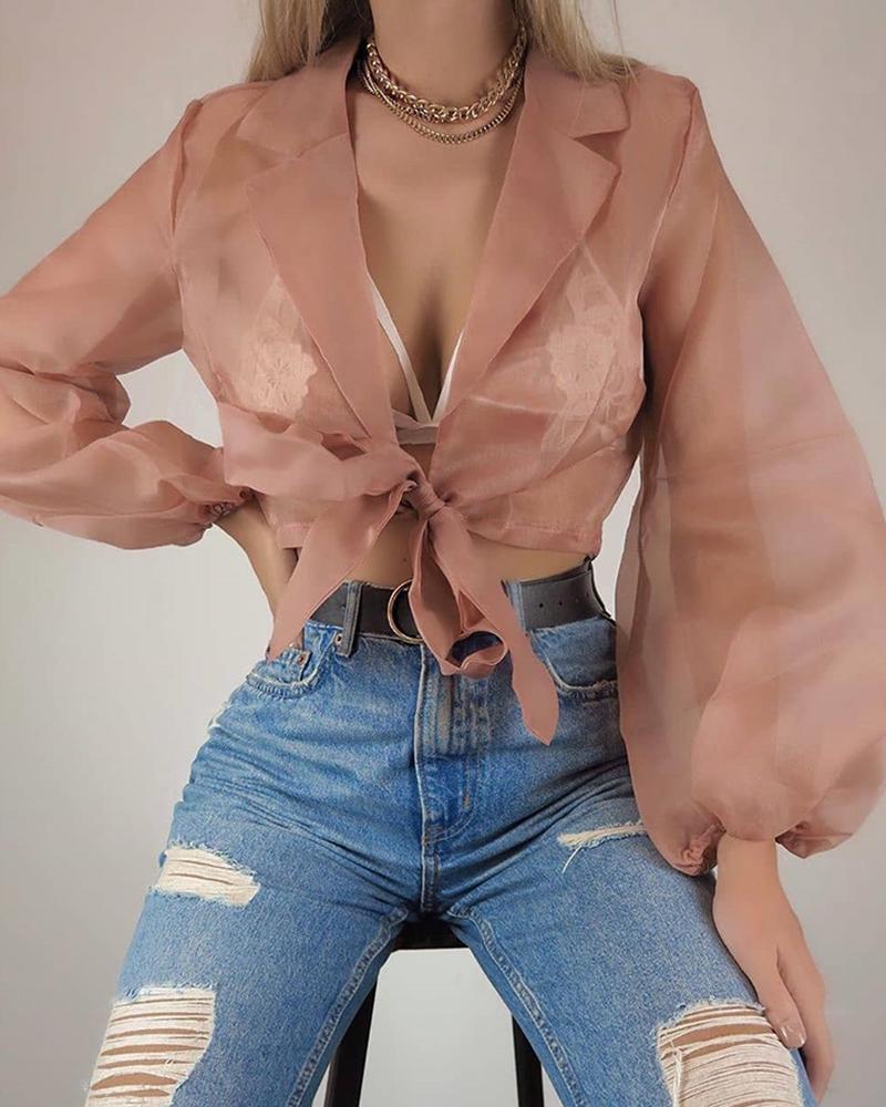 

Solid Puff Sleeve Knotted See Through Blouse
