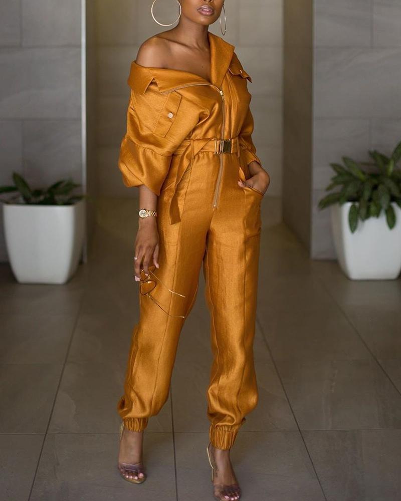 

Solid Turn-down Collar Pocket Design Cargo Jumpsuit, Dark yellow