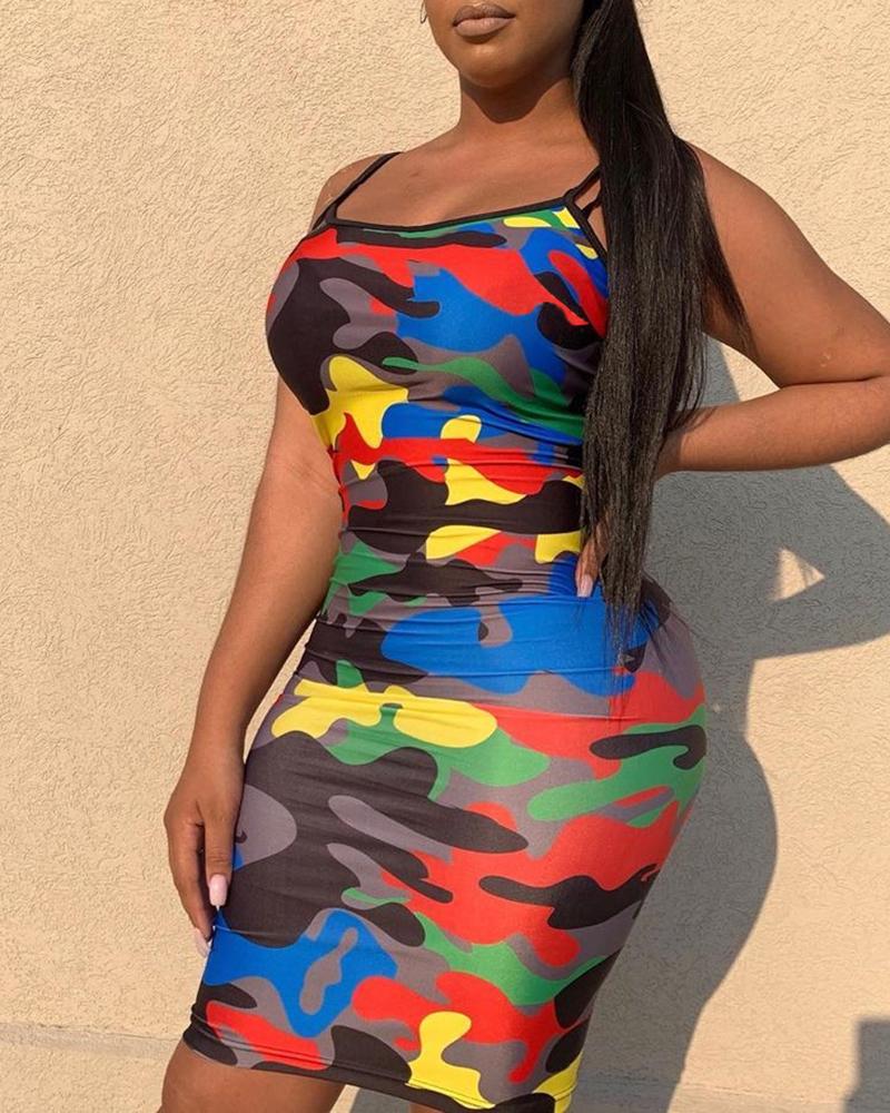 

Spaghetti Strap Camouflage Bodycon Dress, Red