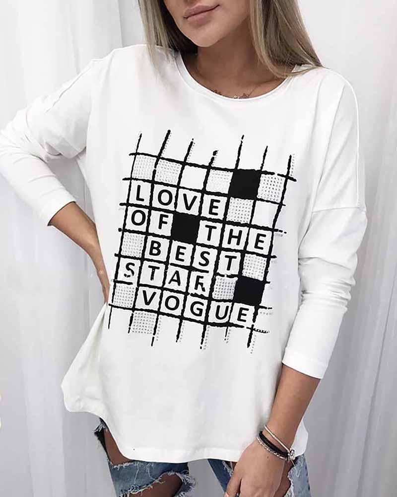

Letter Print Long Sleeve Casual Blouse, White