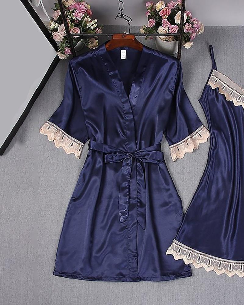 

Satin Lace Trim Cami Dress & Robe Set, Dark blue