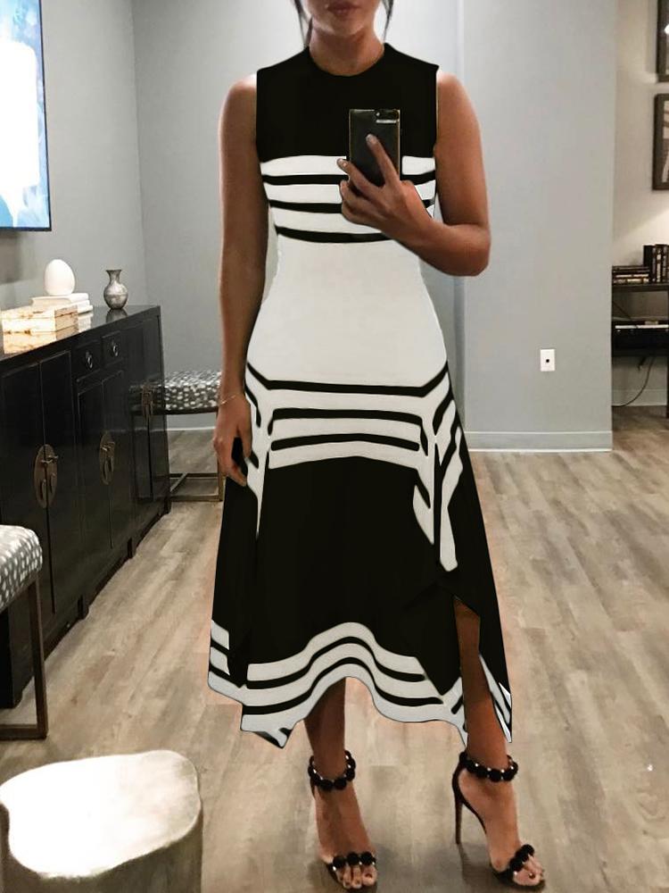 

Contrast Stripes Splicing Irregular Hem Dress, Black