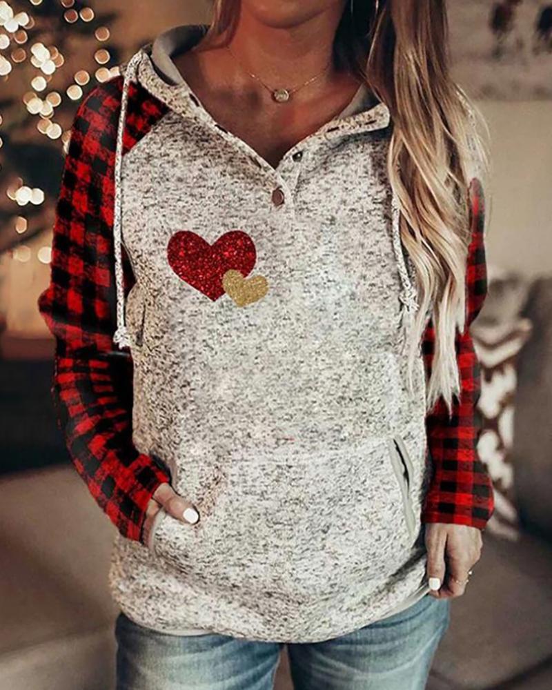 

Letter/ Heart Plaid Print Long Sleeve Hoodie, Style2