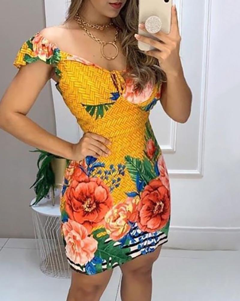 

Floral Print Off Shoulder Bodycon Dress, Yellow