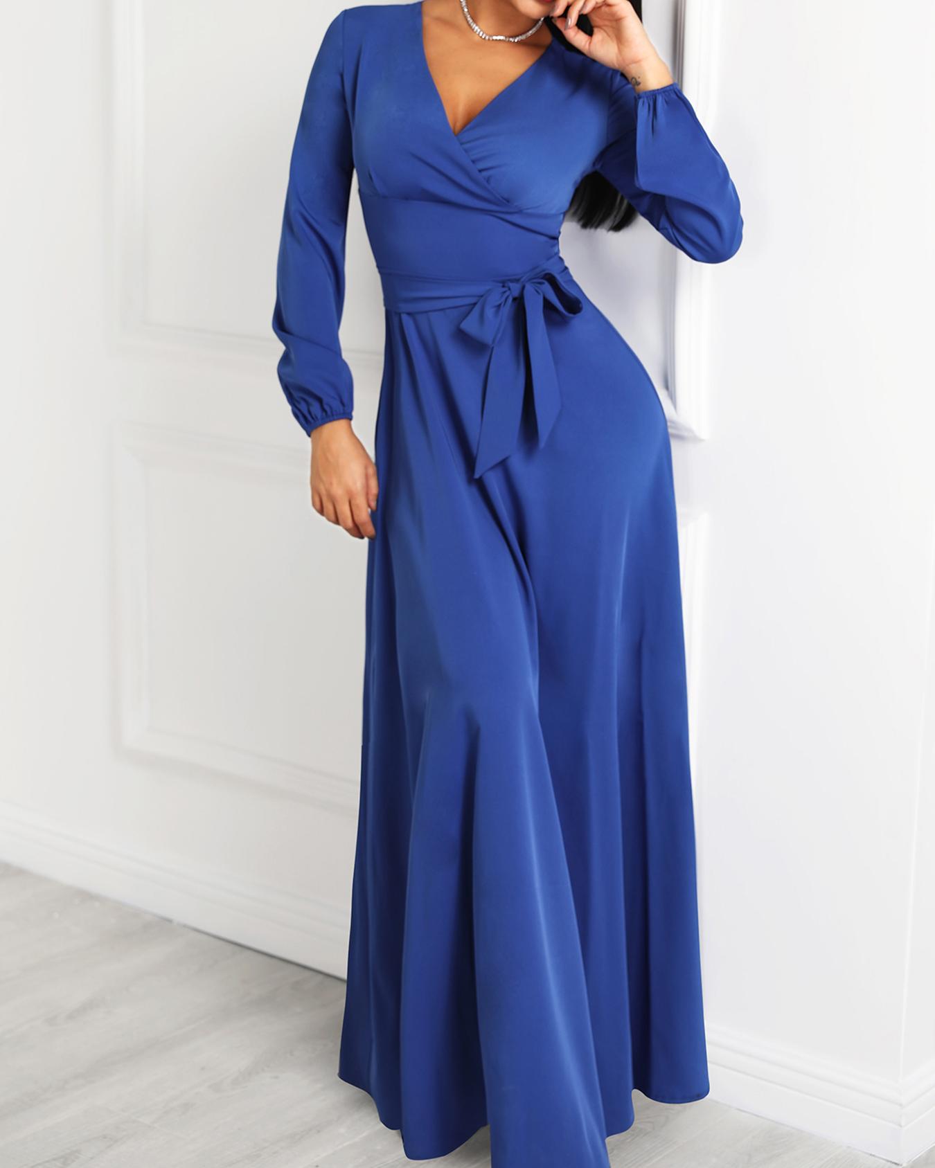 

Lantern Sleeve Wrap Belted Maxi Dress, Blue