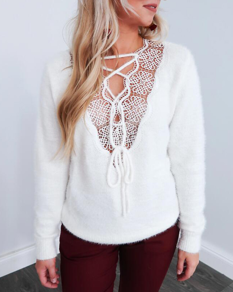 

V-Neck Long Sleeve Hollow Out Lace Insert Sweater, White