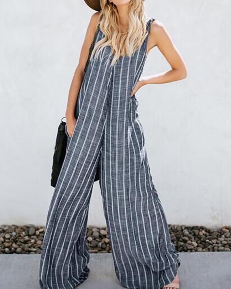 

Thin Strap Striped Wide Leg Casual Jumpsuit, Blue
