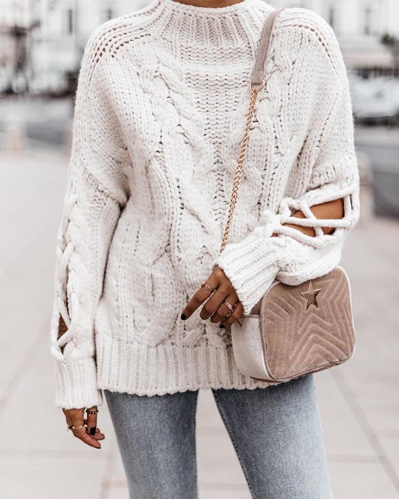 

Solid Long Sleeve Loose Cut-out Knitted Sweater, White