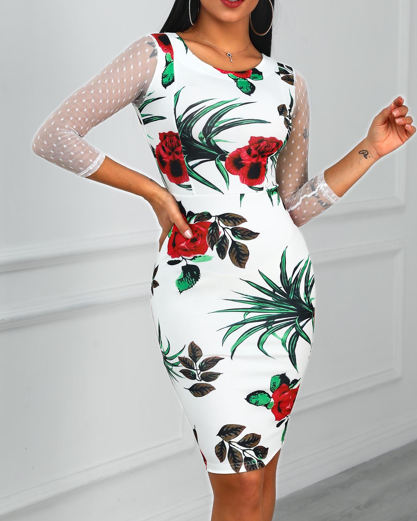 

Floral Print Mesh Insert Dress, White