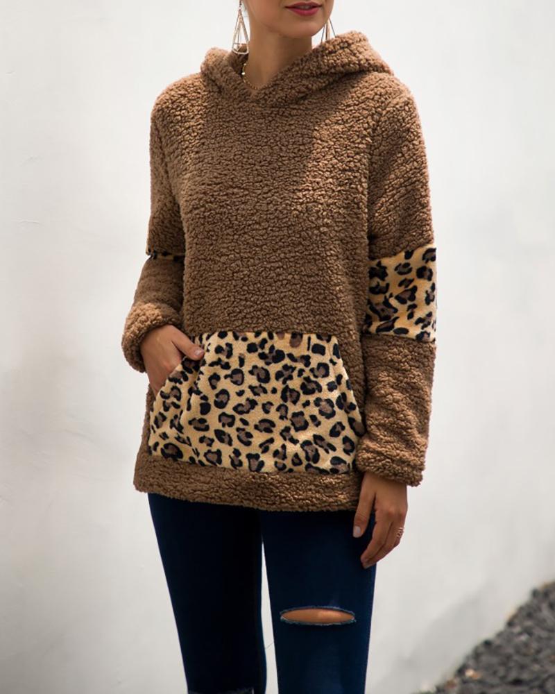 

Hooded Leopard Print Pocket Insert Fluffy Sweatshirt, Khaki