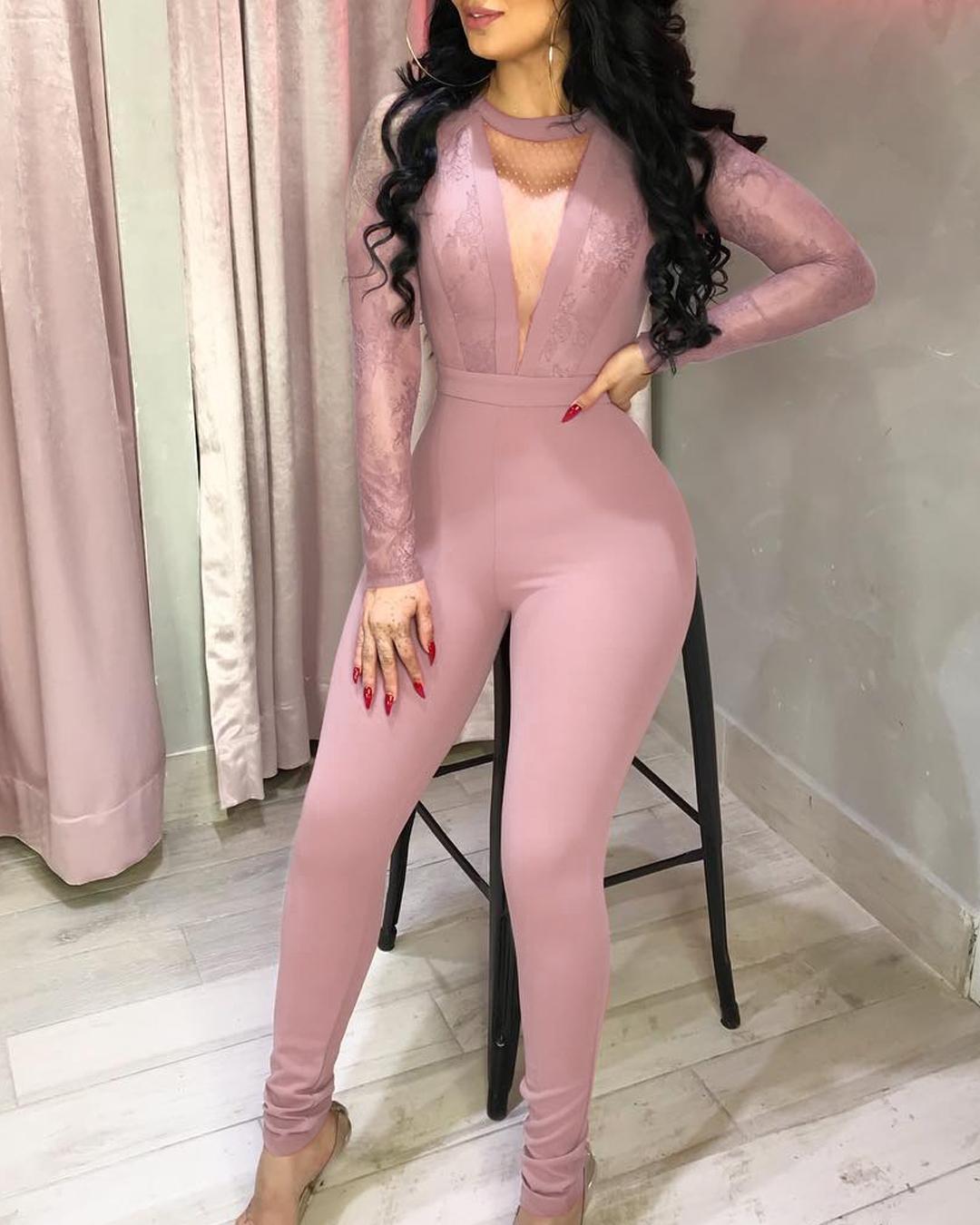 

Sheer Mesh & Lace Insert Jumpsuit, Pink
