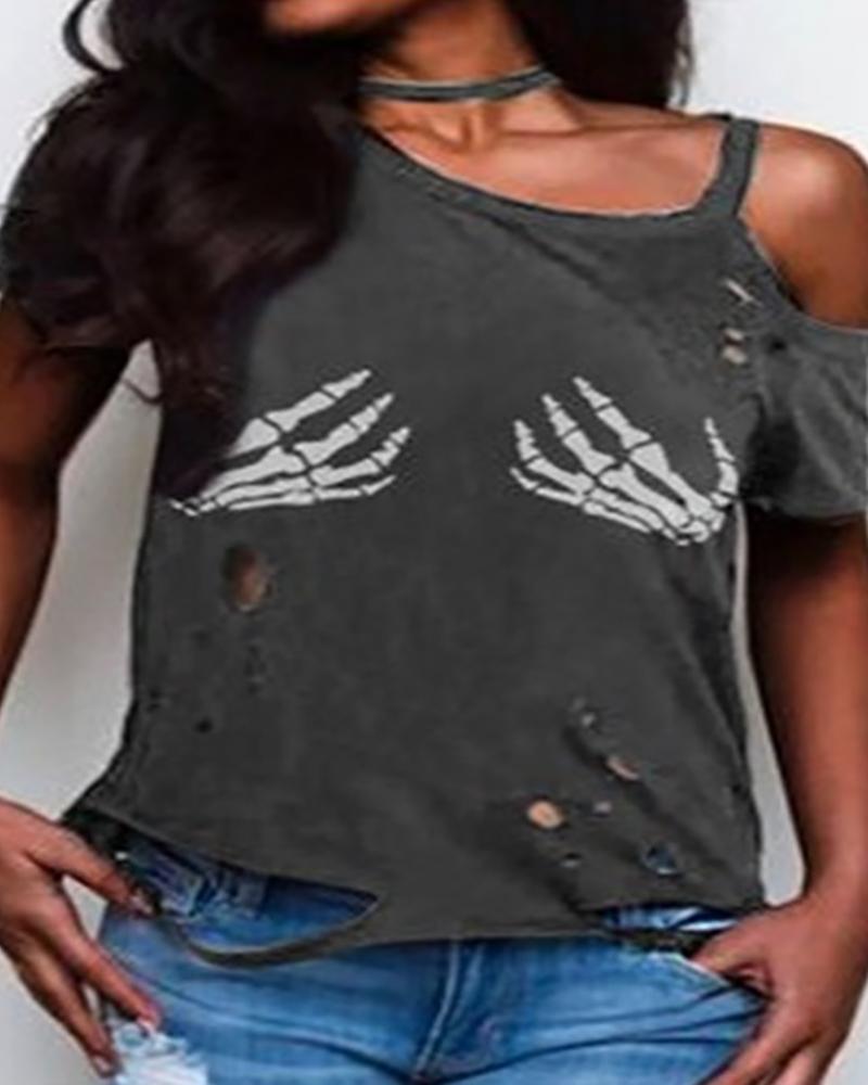 

Skeleton Print Cold Shoulder Hollow Out T-shirt, Gray