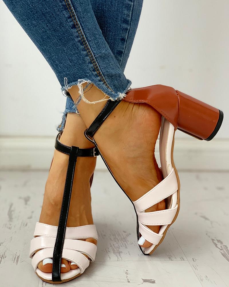 

Ankle Buckled Colorblock Chunky Heeled Sandals, Brown