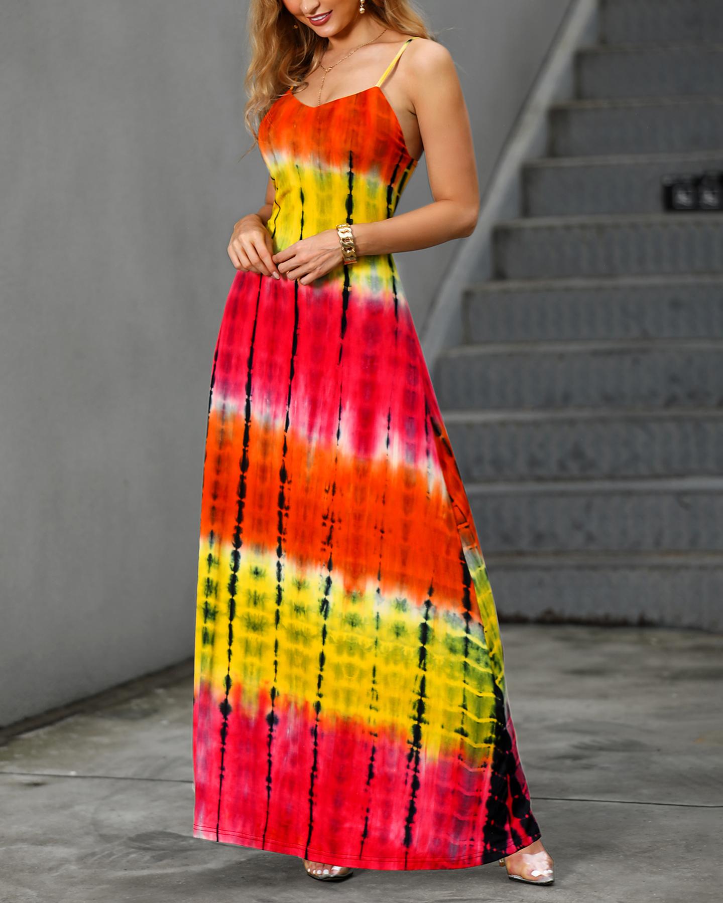 

Halter Sleeveless Tie Dye Print Maxi Dress, Hot pink