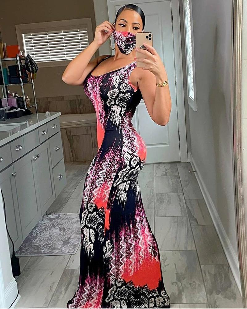 

Snakeskin Colorblock Thick Strap Maxi Dress, Red