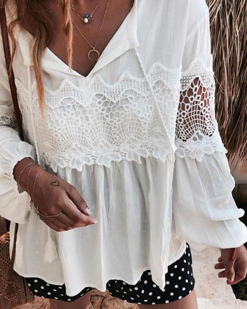 

Bardot Lace Trim Lantern Sleeve Ladies Top