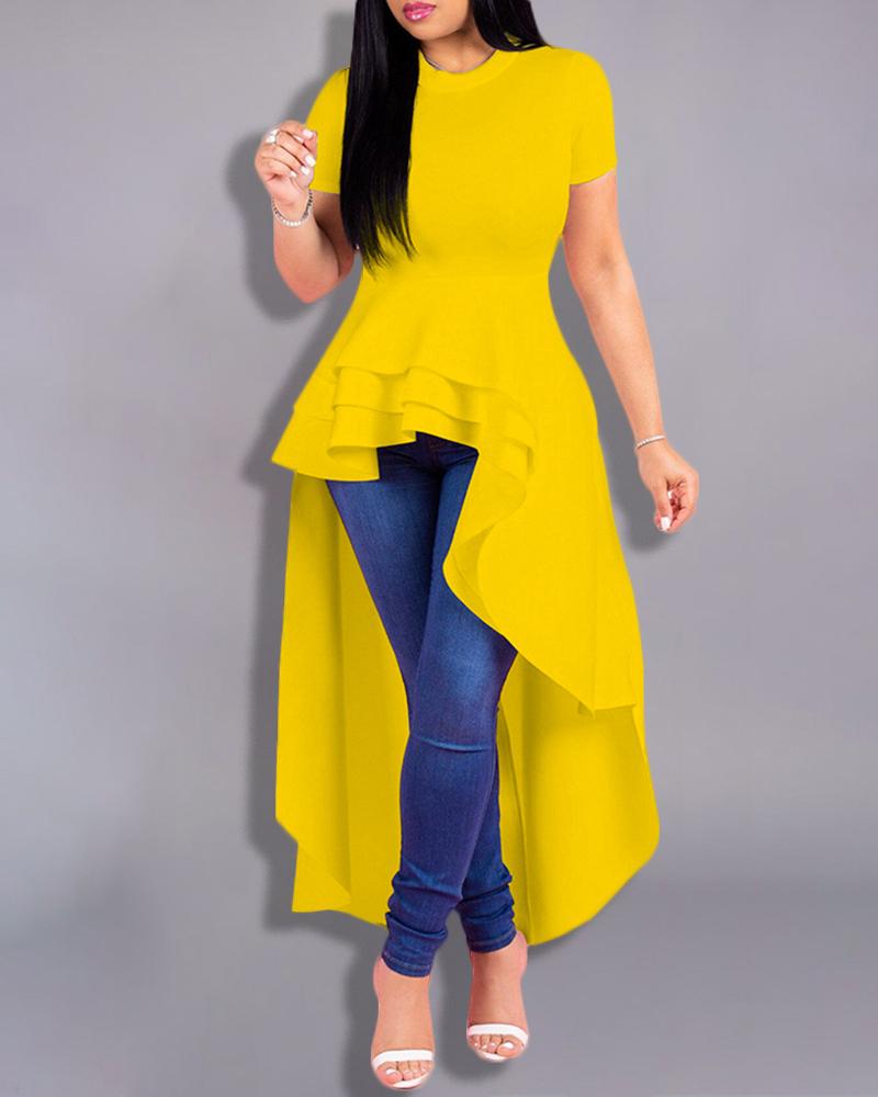 

Solid Dip Hem Ruffles Short Sleeve Blouse, Yellow