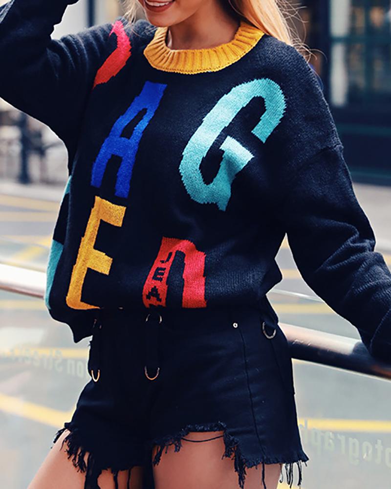 

Colorblock Letter Pattern Round Neck Knitting Sweater, Black