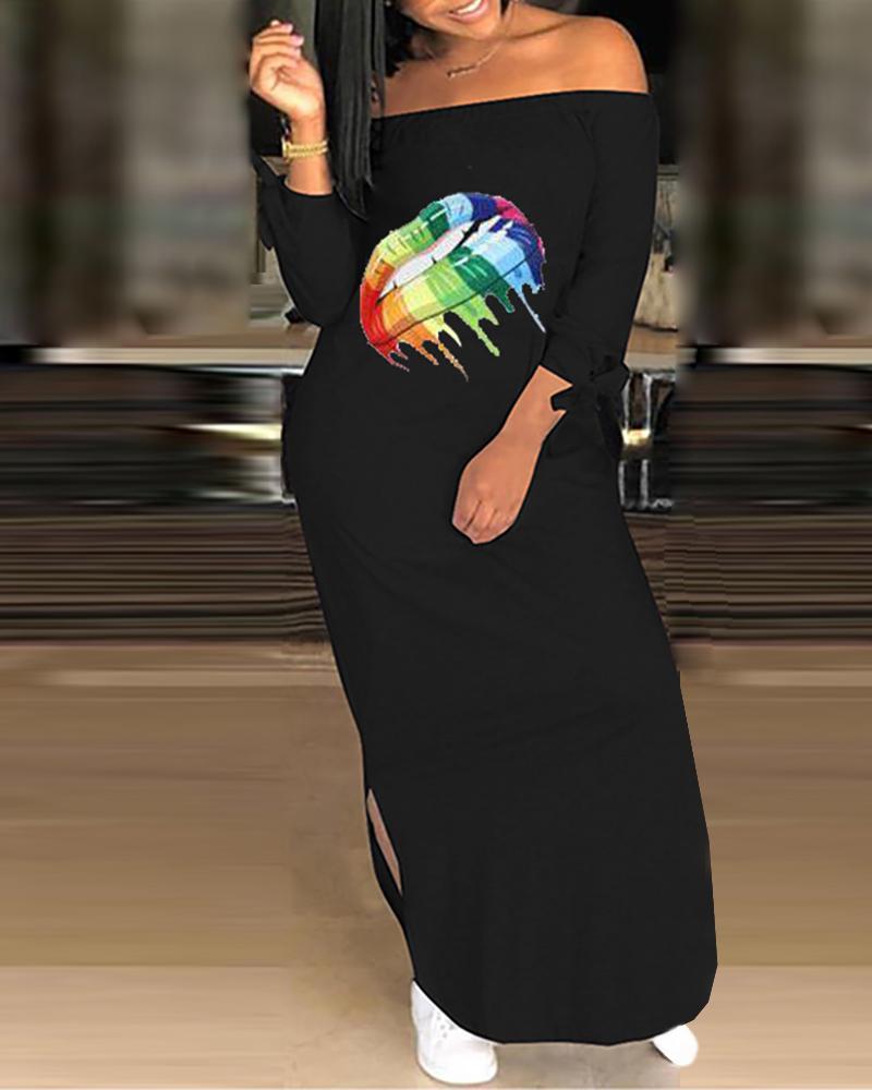 

Mouth Pattern Side Slit Casual Dress, Black