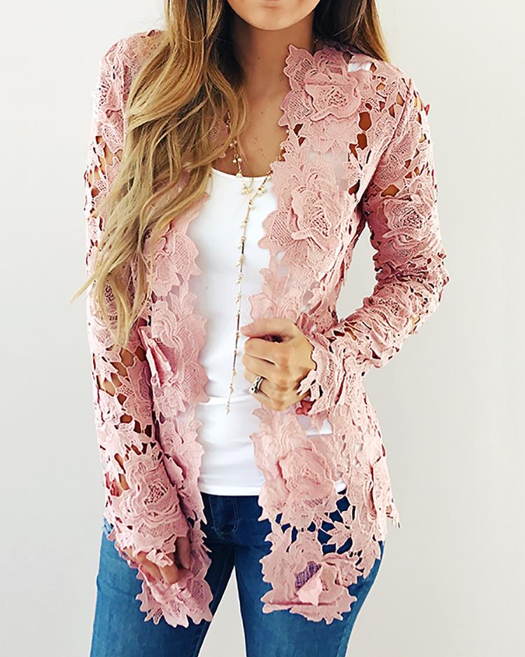 

Floral Crochet Hollow Out Coat, Pink