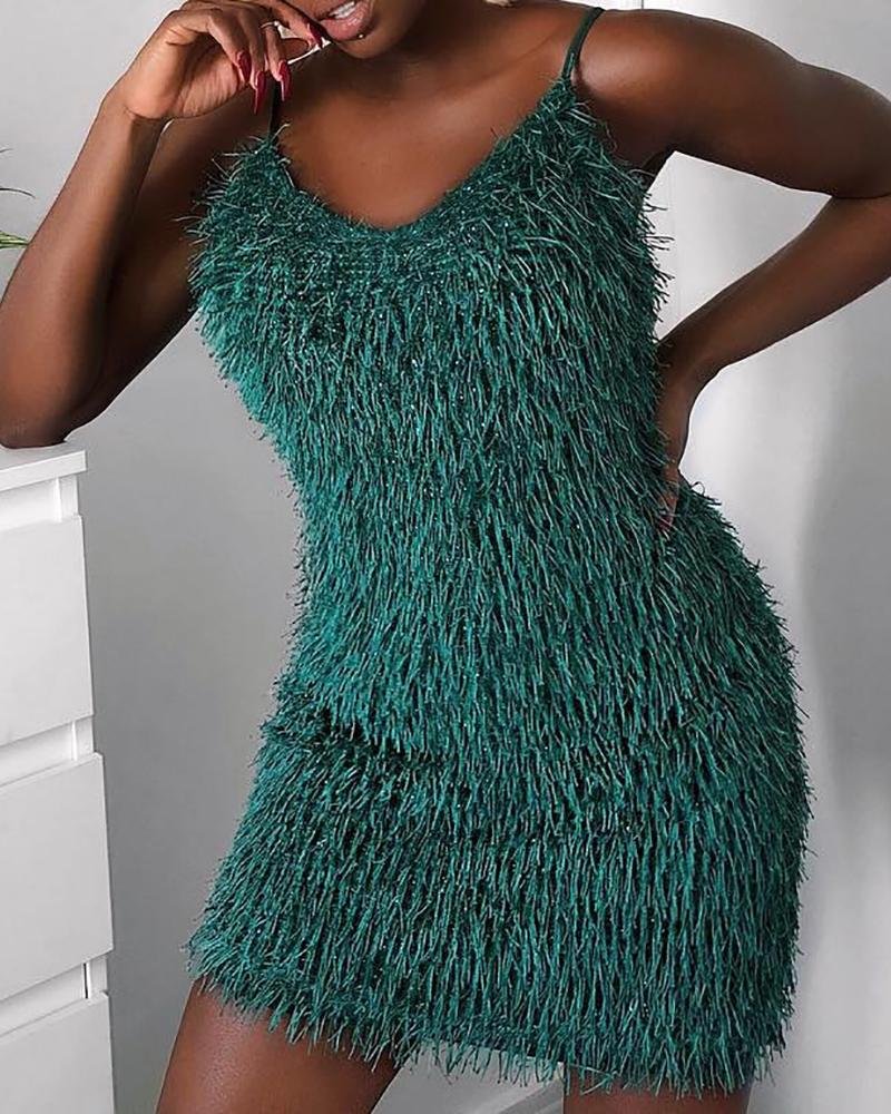 

Spaghetti Strap Fluffy Bodycon Dress, Dark green