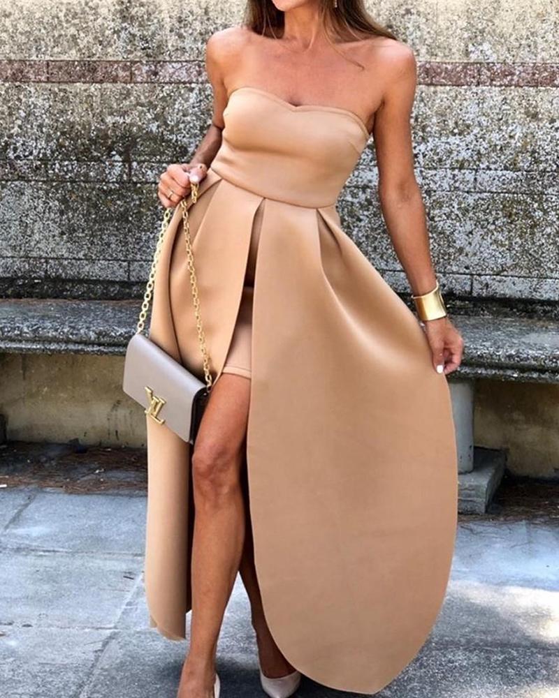 

Solid Off Shoulder Double Layer Dress, Khaki