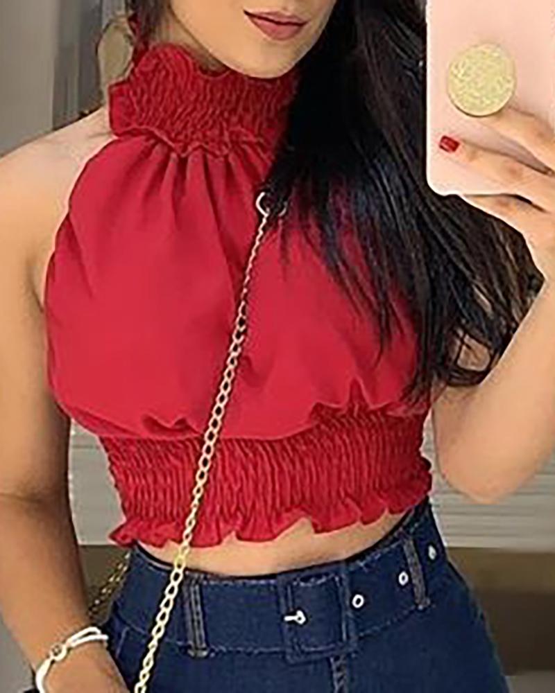 

Halter Shirring Design Frill Hem Backless Top, Red