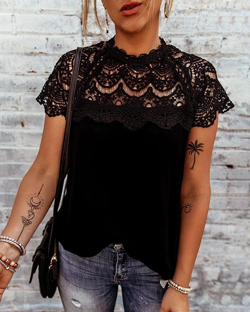 

Guipure Lace Insert Casual Top, Black