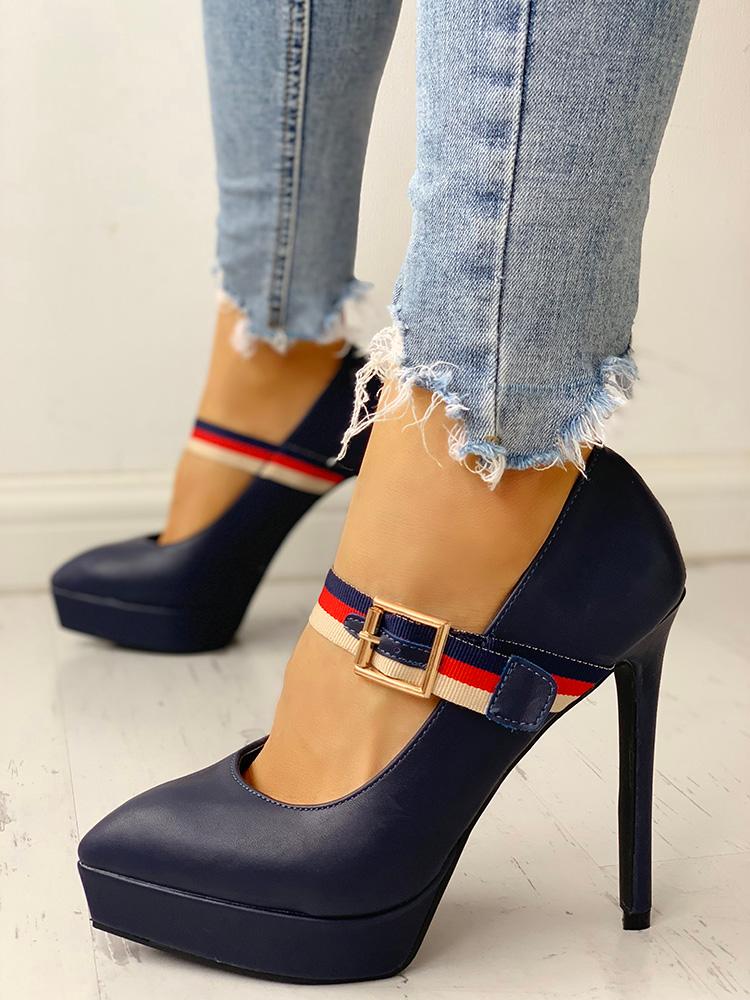 

Striped Tape Pointed Toe Platform Heels, Blue