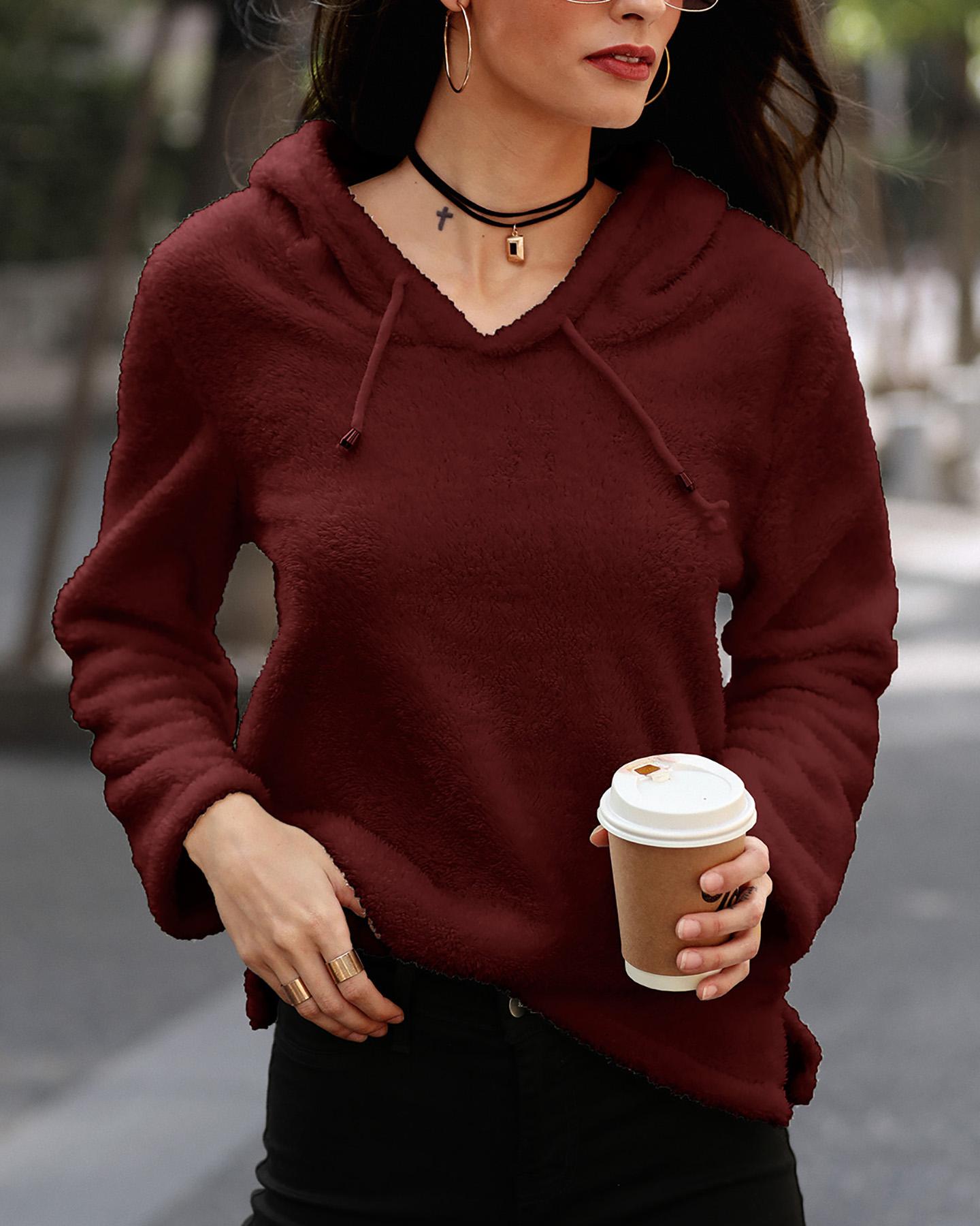 

Solid Drawstring Teddy Hooded Sweatshirt, Wine red