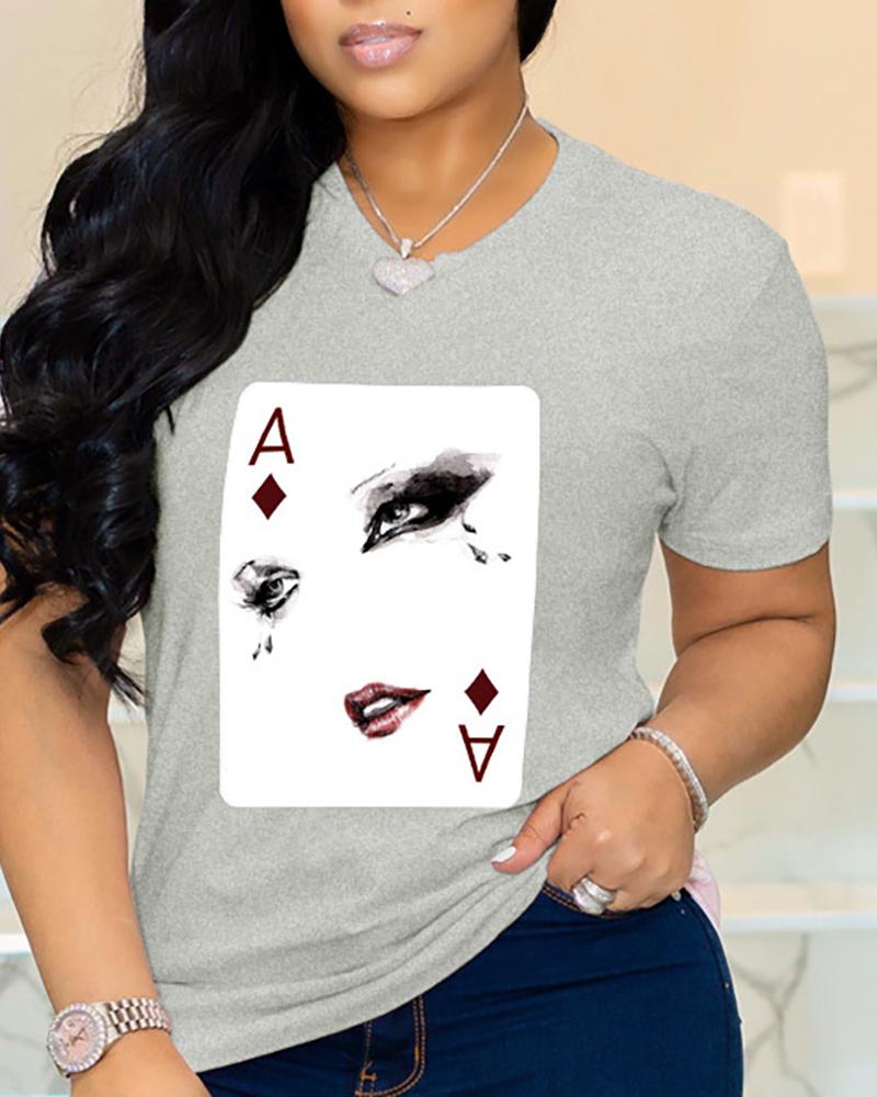 

Poker Figure Print Short Sleeve Casual T-shirt, Gray