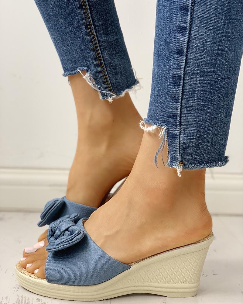 

Denim Bowknot Design Platform Wedge Sandals