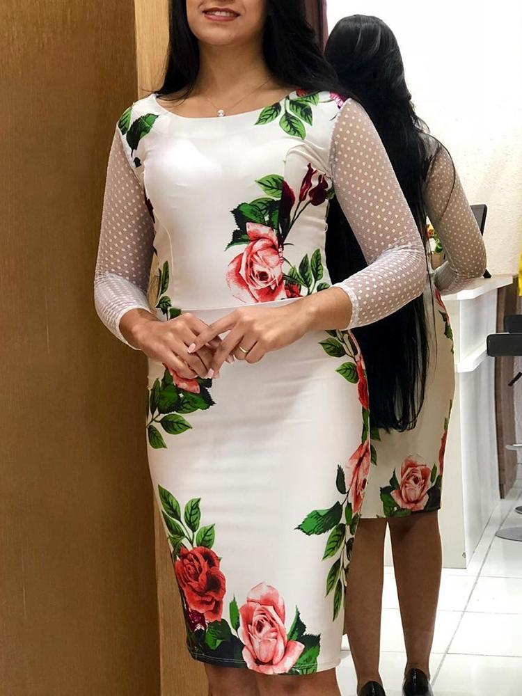

Mesh Long Sleeve Floral Print Midi Dress