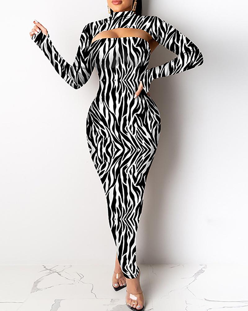 

Mock Neck Long Sleeve Print Top & Tube Dress Sets, Zebra