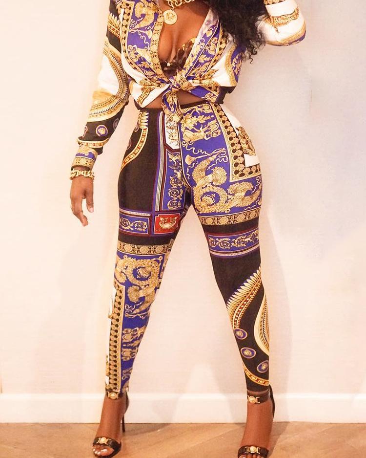 

Totem Print Knot Crop Top & Skinny Pants Sets, Blue