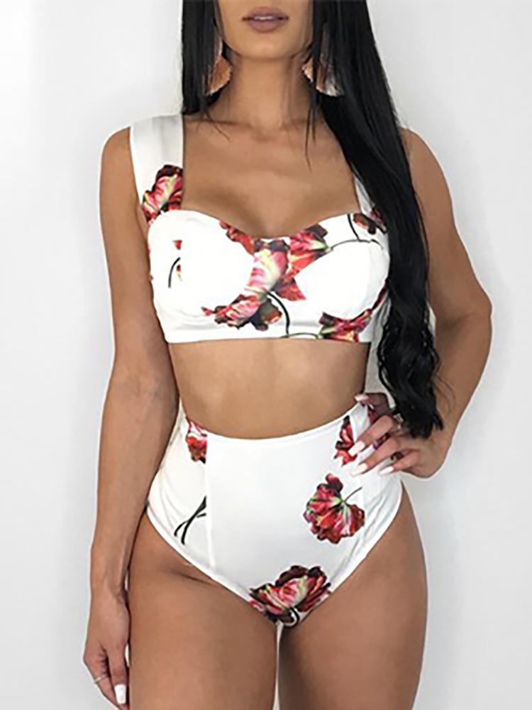 

High Waist Floral Print Bikini Set, White