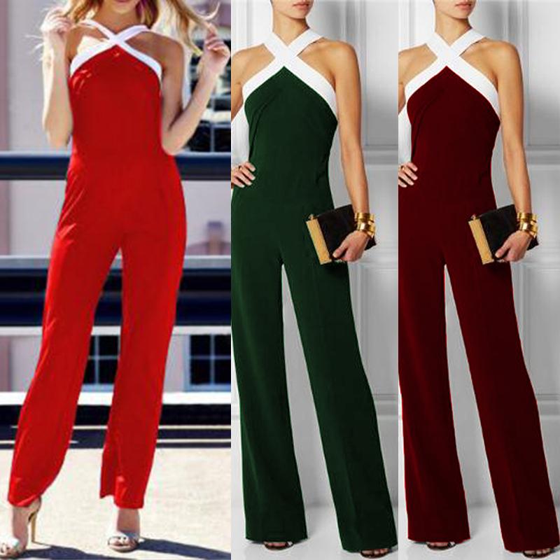 

New Stylish Contrast Color Halter Jumpsuit Long Wide Leg Pants Clubwear Romper, Dark blue