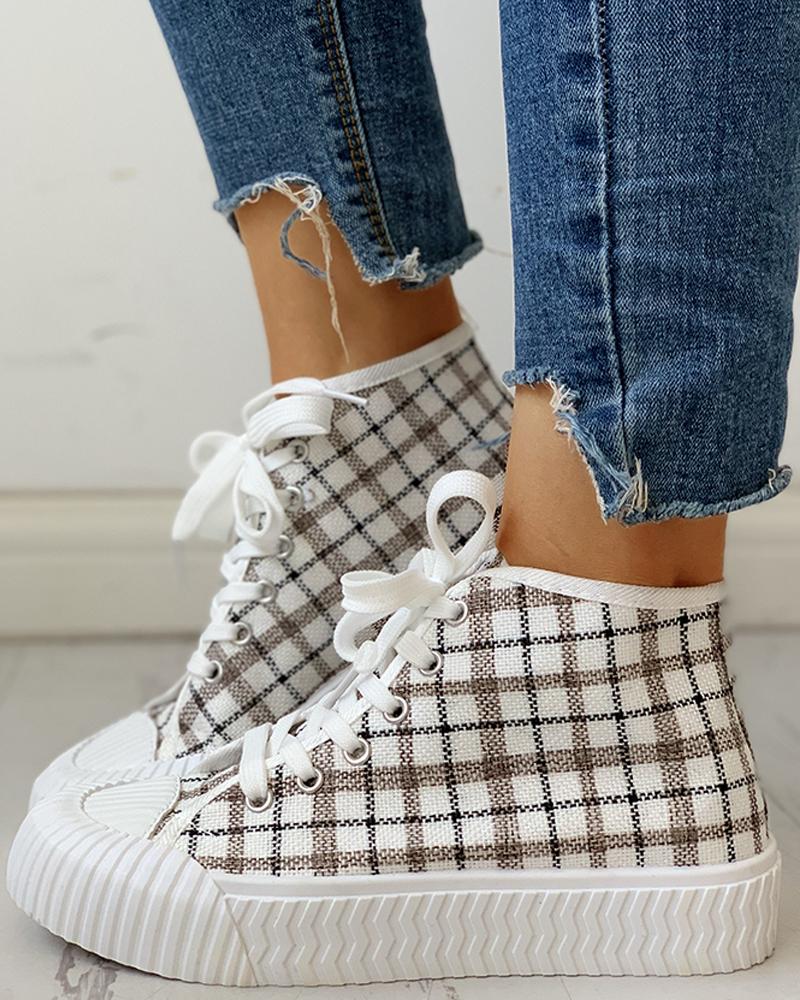 

Grid Design Lace-Up Casual Sneakers, White