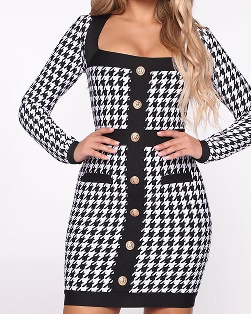 

Squared Neck Houndstooth Bodycon Dress, Black
