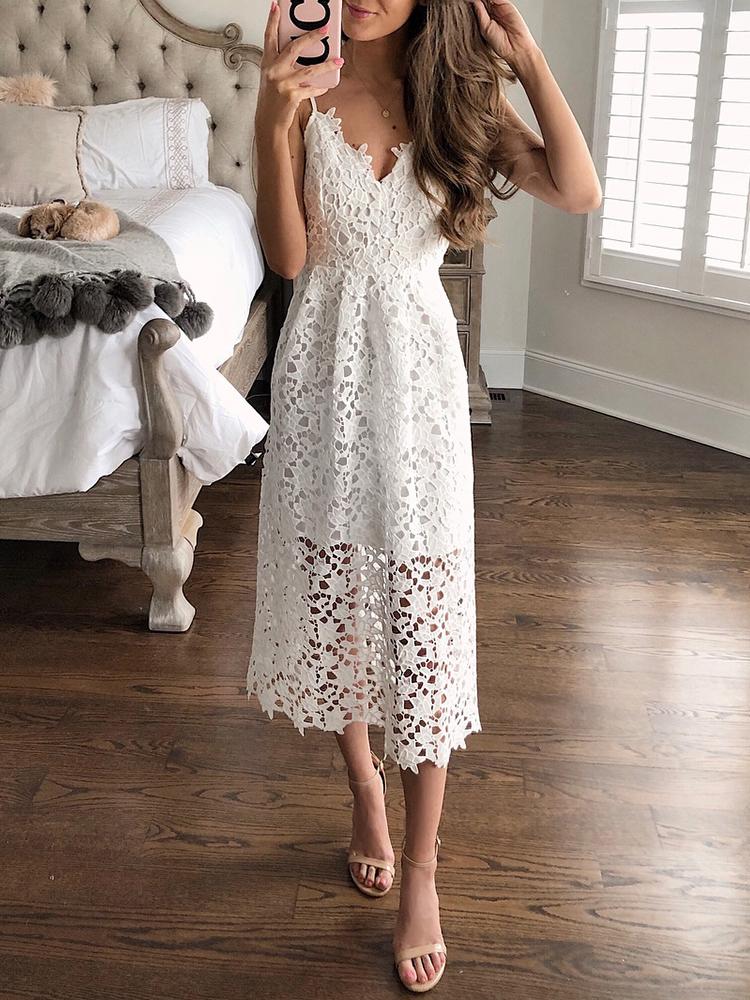 

Hollow Out Crochet Lace Overlay Pleated Dress, White