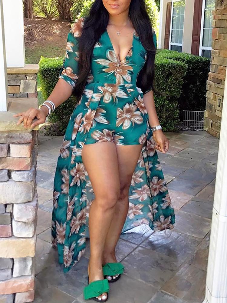 

Floral Print V Neck Dip Hem Maxi Romper Dress, Multicolor