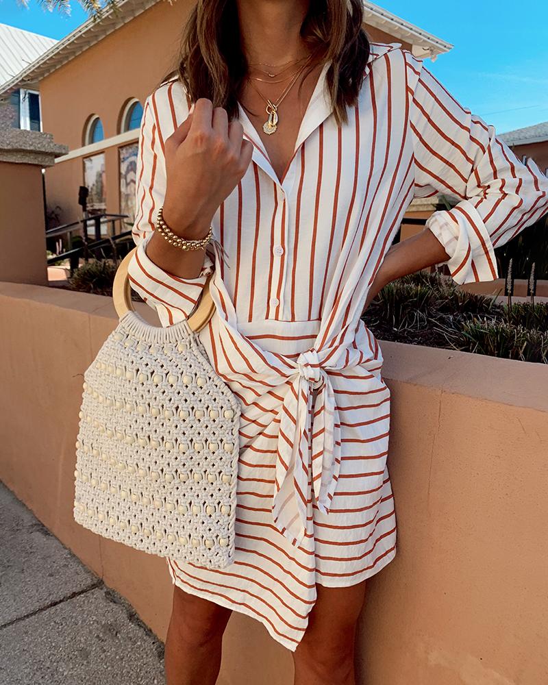 

Turn-down Collar Pinstripes Buttoned Shirt Dress