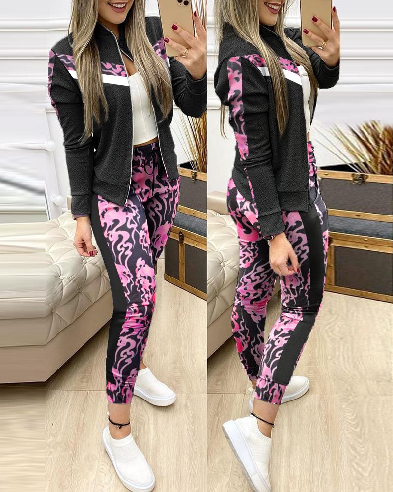 

Smoke Print Colorblock Zip Jacket & Drawstring Pants Set, Pink
