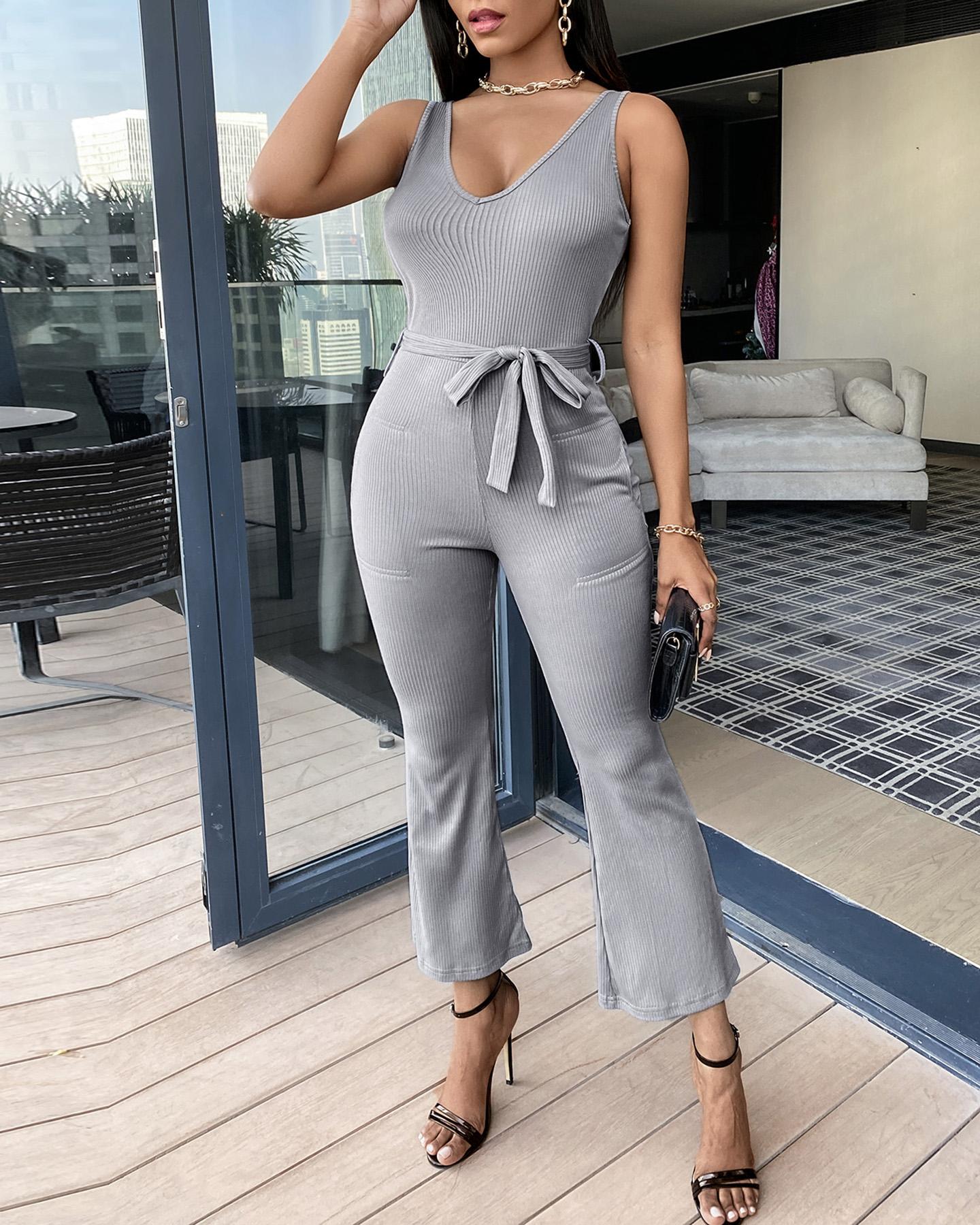 

Plain Sleeveless Pocket Design Bootcut Jumpsuit, Gray