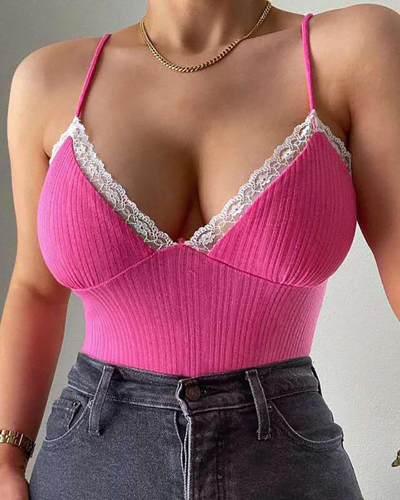 

Plunge Crochet Lace Ribbed Cami Top, Hot pink