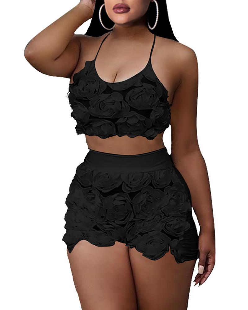 

Flower Applique Cami Top With Shorts, Black