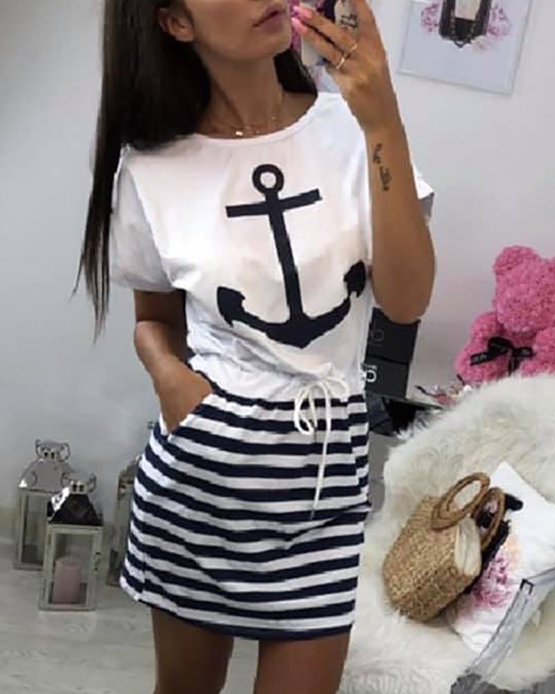 

Boat Anchor Print Striped Drawstring Dress