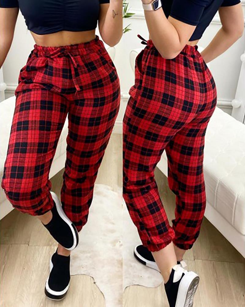 

Plaid High Waist Casual Pants, Red