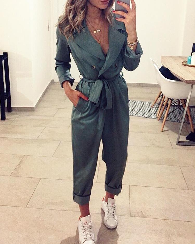 

Solid Long Sleeve Pocket Design Belted Jumpsuit