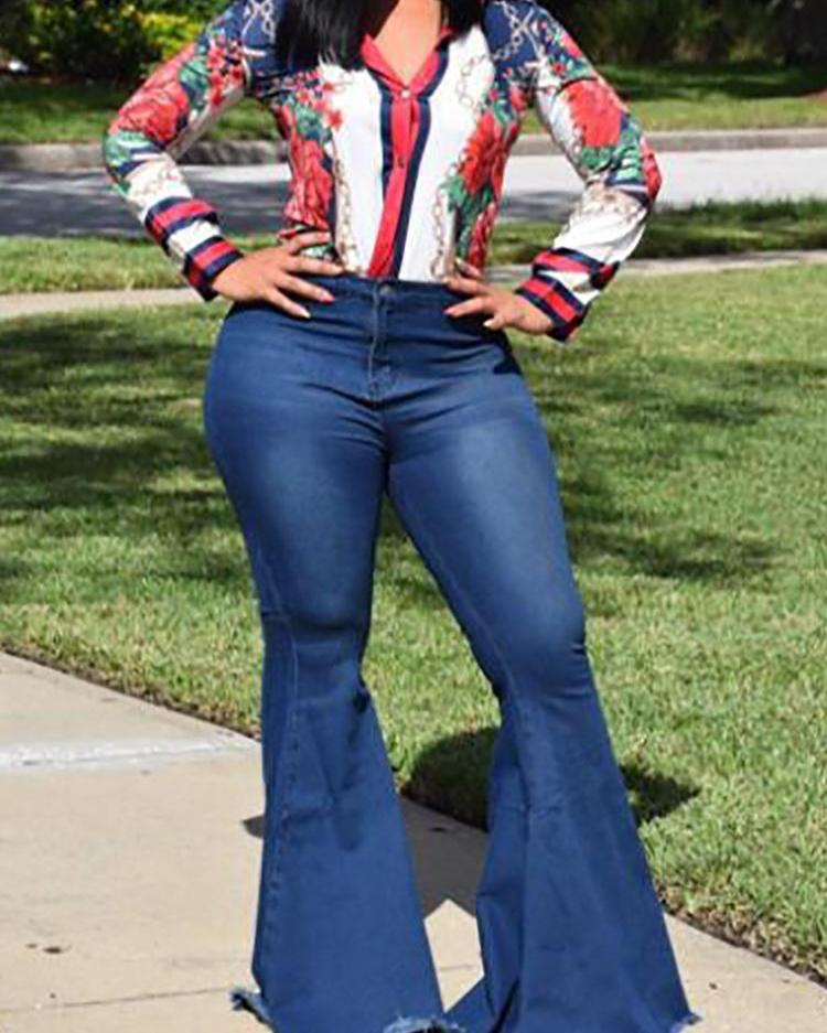 

Stretch Exaggerate Fringes Hem Flared Jeans, Dark blue